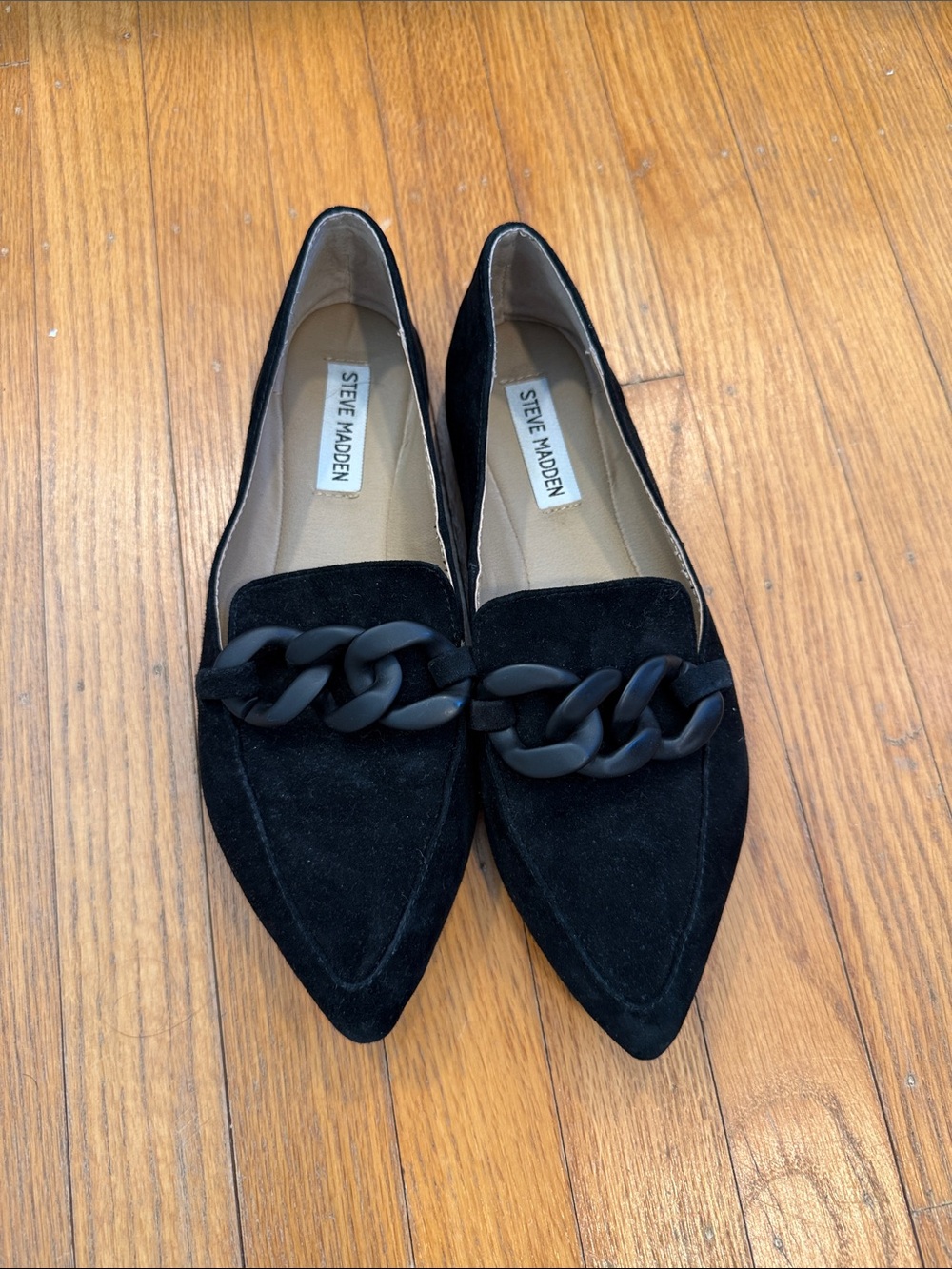 Steve Madden Black Suede Pointed Chain Loafers
